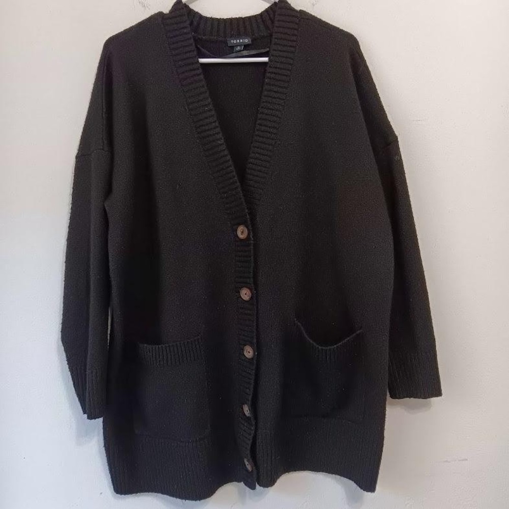 Torrid Cardigan Sweater Womens 0 Black Button Front V Neck Pockets Plus Size